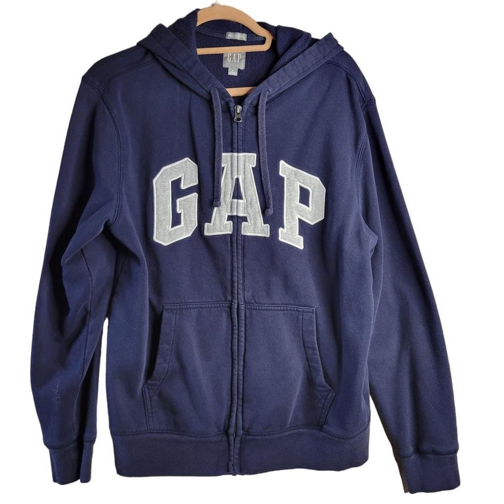 GAP Arch Logo Navy Gray Sweatshirt Hoodie Zipper Front Pockets Unisex Size M